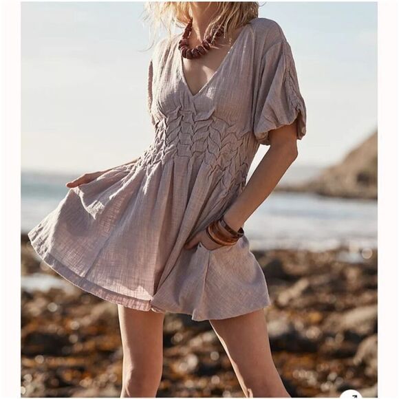 FREE PEOPLE One Of A Kind Mini Shirred V Neck Dress - Picture 1 of 6